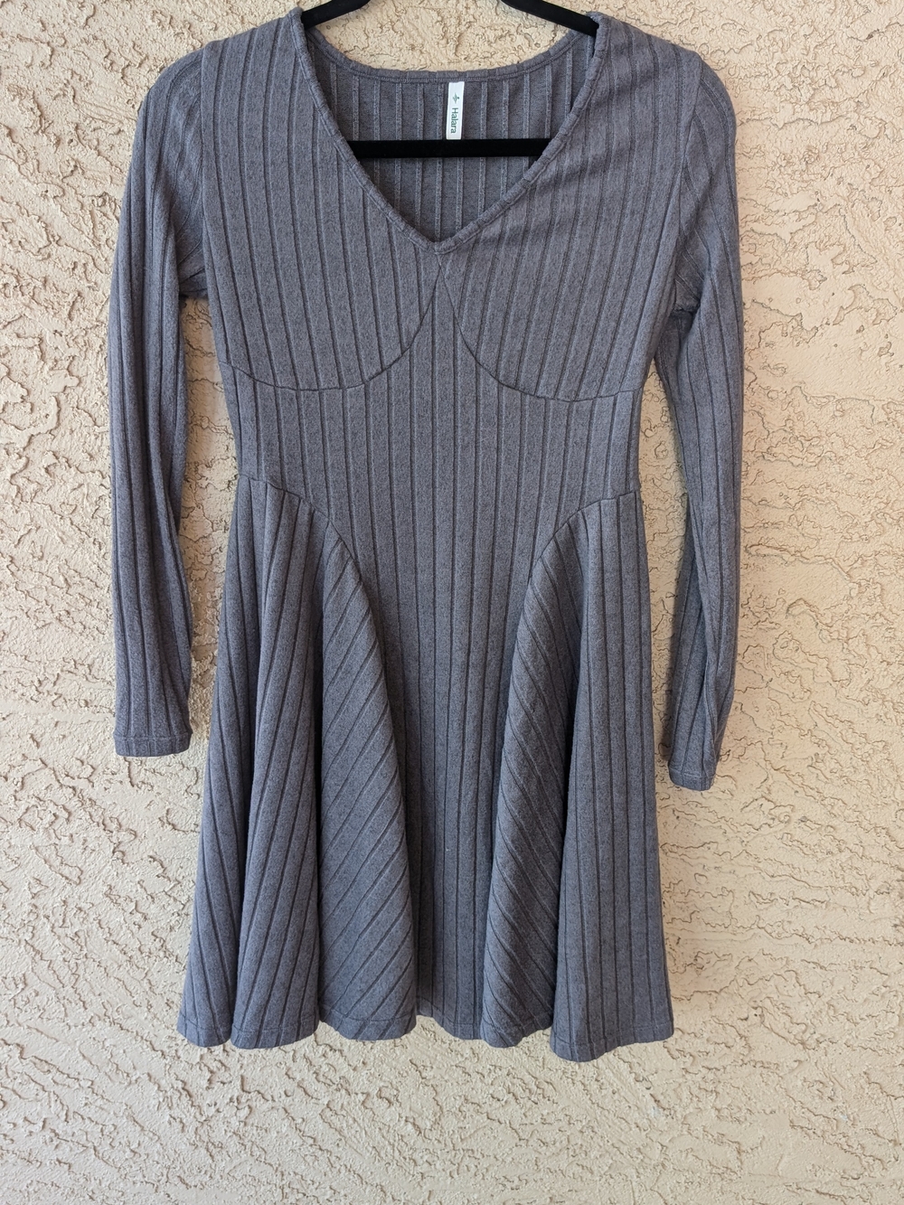 Halara Gray Ribbed Fit & Flare Long Sleeve Dress S